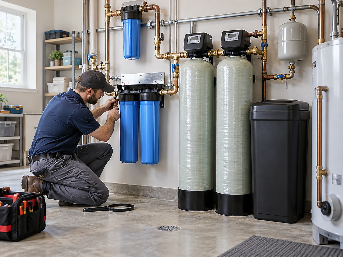 Plumber working on bathroom plumbing during commercial backflow testing service in Ridgewood, NJ