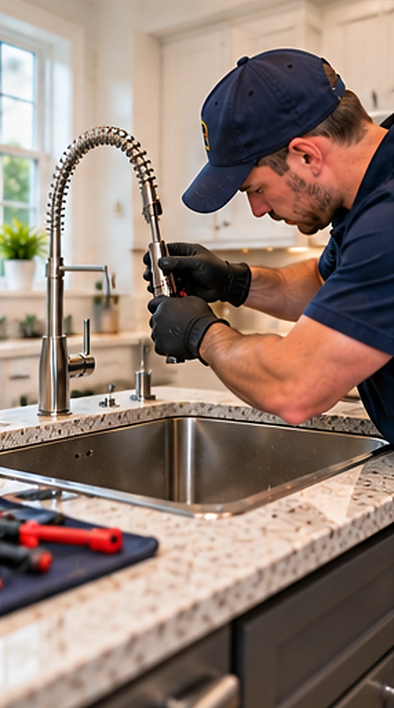 Plumber inspecting plumbing beneath a sink during gas line installation for appliances service in Ridgewood, NJ