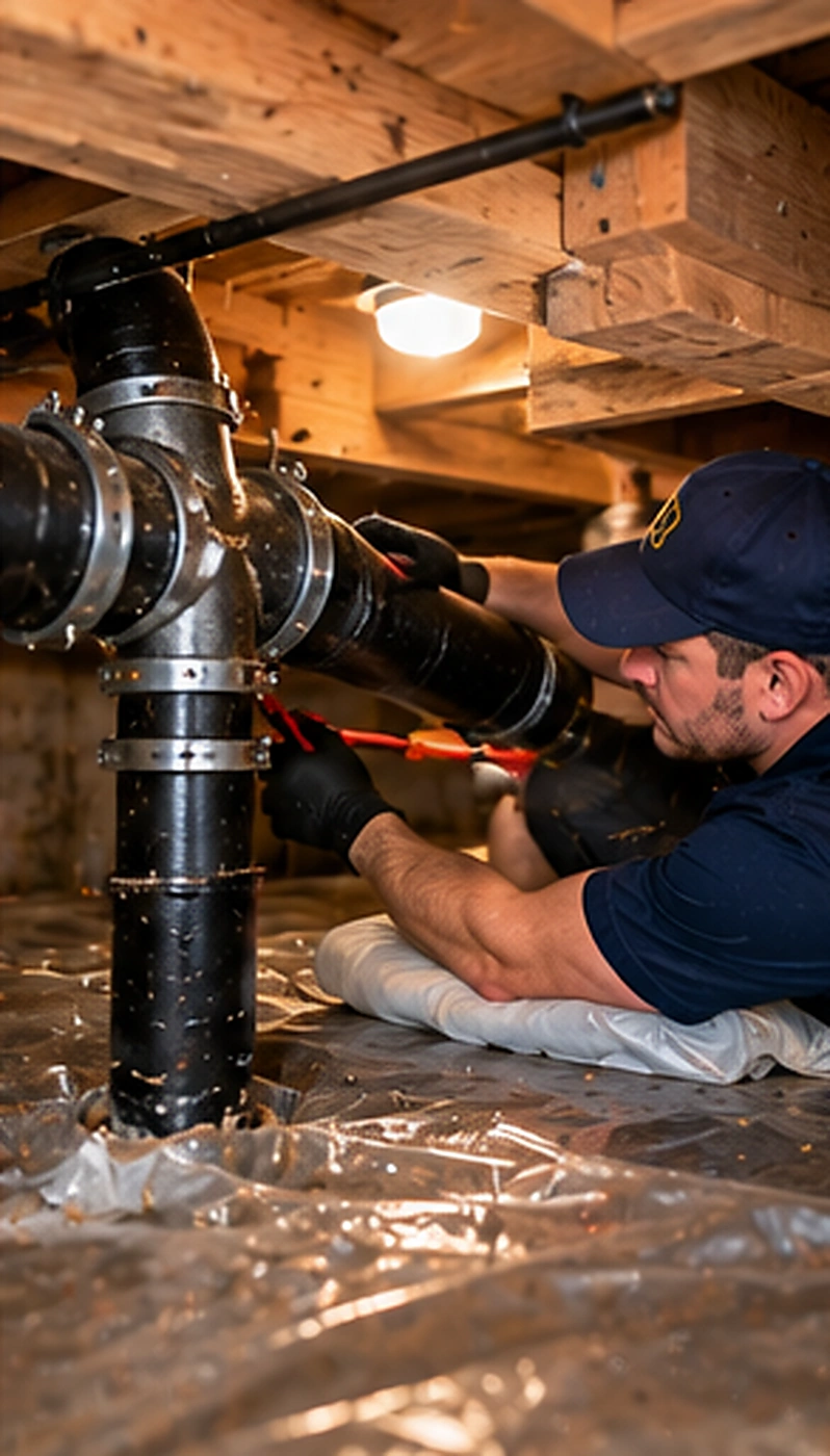 Plumber working on bathroom plumbing during gas line installation for appliances service in Ridgewood, NJ