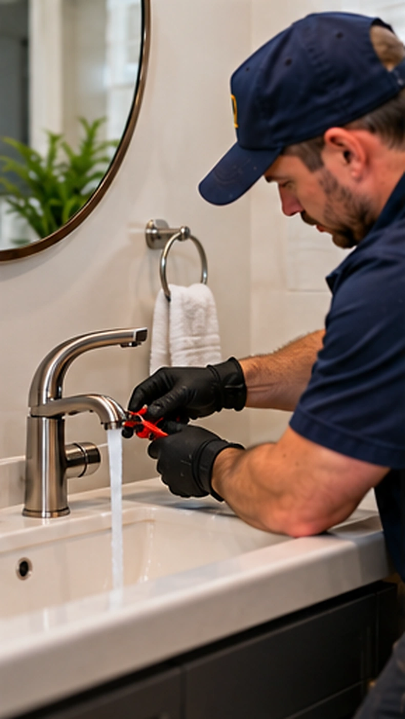Garbage disposal service beneath a kitchen sink during grease trap cleaning service in Ridgewood, NJ