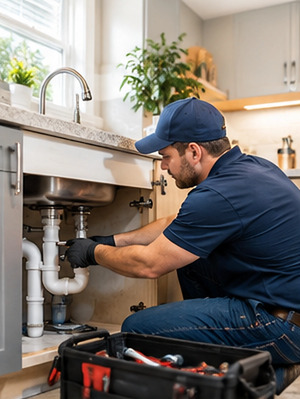 Plumber repairing plumbing beneath a kitchen sink in Ridgewood, NJ