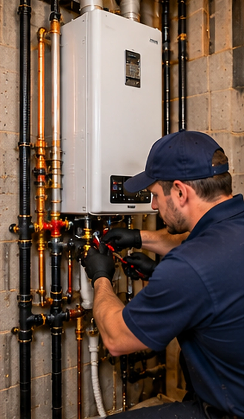 Plumber repairing a residential water heater during water heater replacement service in Ridgewood, NJ