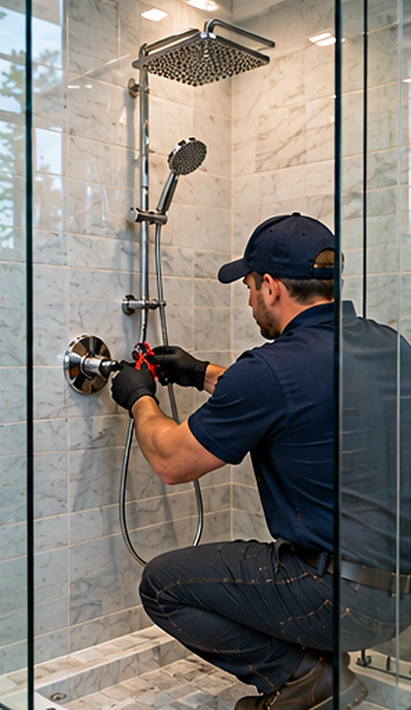Plumber repairing a residential water heater during water softener installation service in Ridgewood, NJ