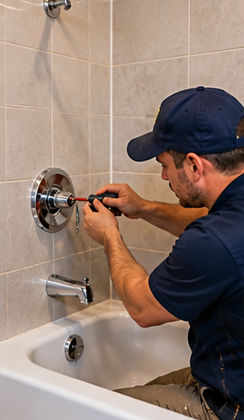 Plumber working on bathroom plumbing during whole house repiping service in Ridgewood, NJ